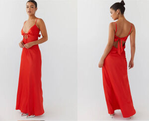 Peppermayo Flora Satin Maxi Dress Citrus Orange Open Back Cutout NWT US 4